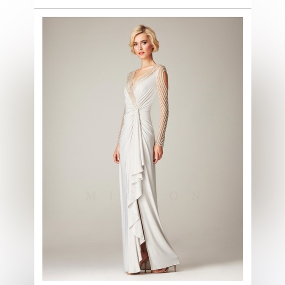 Mignon beaded sexy full length asymmetrically gathered surplice bodice gown - Picture 4 of 14